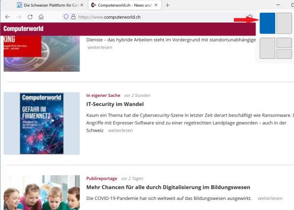 Screenshot angebotene Snaplayouts in einem Browserfenster