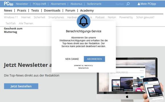 Screenshot der Push-Aktivierung in einem Browserfenster 