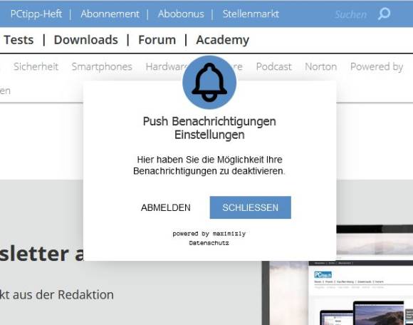 Screenshot Push-Abmeldefenster