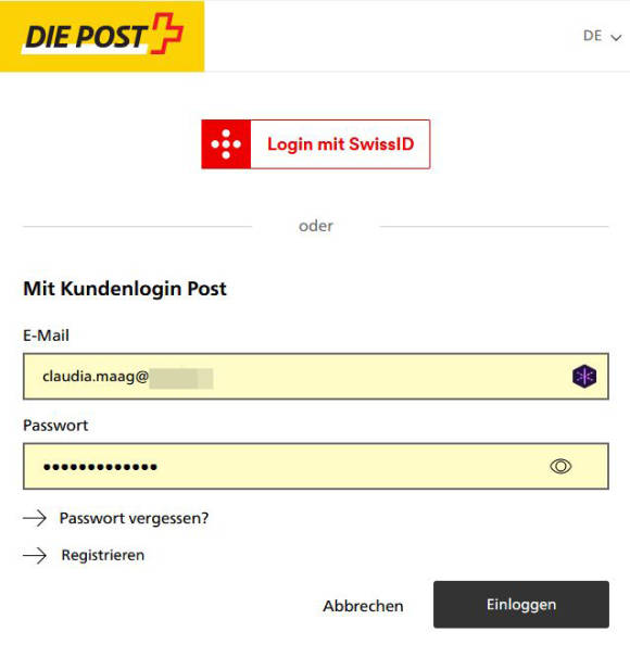 Login-Fenster der Post-Webseite 