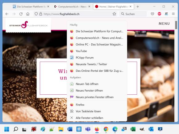 Screenshot Bäckerei-Webseite, die im Taskleisten-Kontextmenü aber fehlt