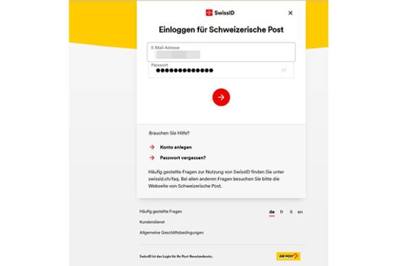 SwissID-Login auf Post-Webseite 