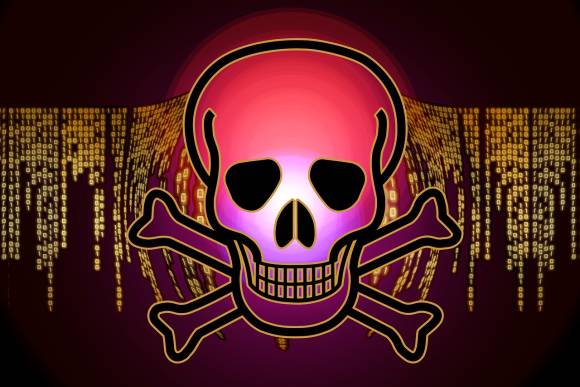 Symbolbild zeigt Totenkopfgrafik vor einem Code-Hintergrund aus Nullen und Einsen 