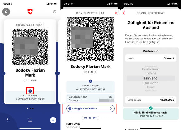 Screenshots aus der Covid-Zertifikat-App 
