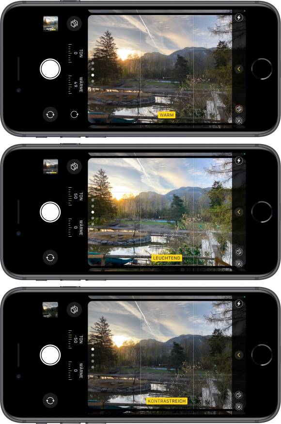 Das Foto zeigt drei iPhone SE mit verschiedenen Foto-Stilen