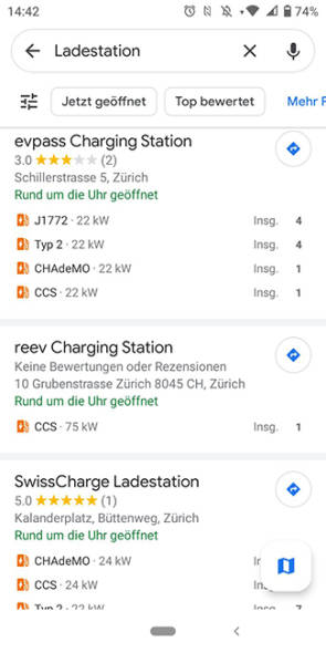 App-Screenshot mit Ladestationen