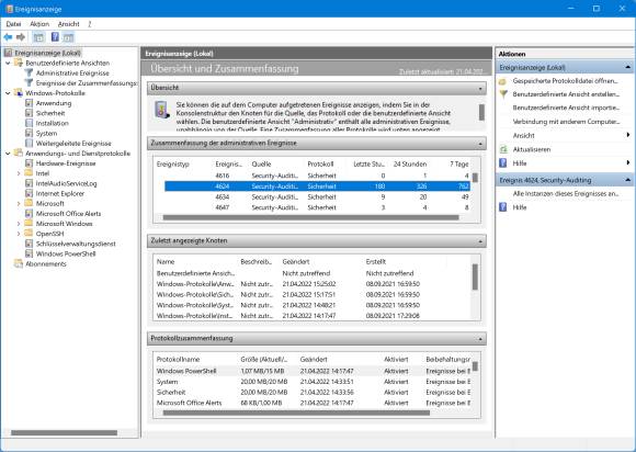 Screenshot Ereignisanzeige Hauptansicht