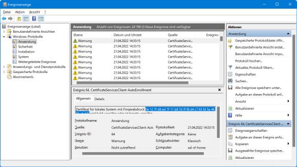 Screenshot Ereignisanzeige mit den erwähnten Warn-Einträgen 