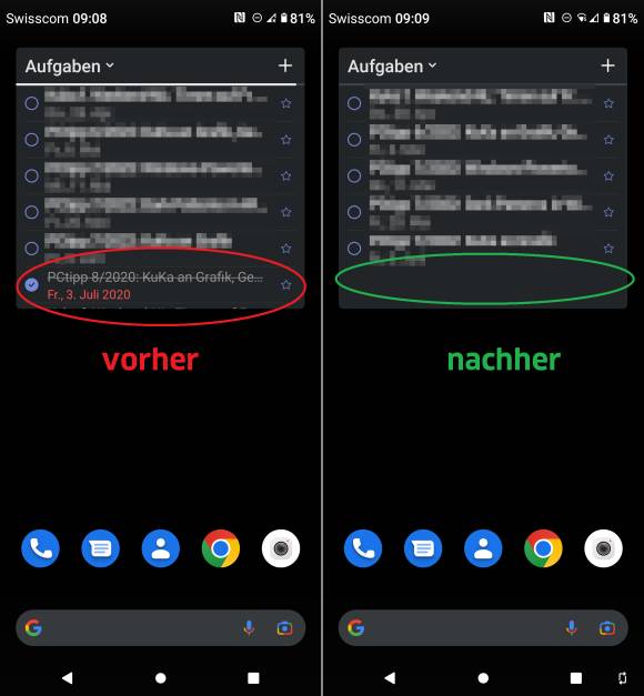 Die Aufgabenliste links zeigt auch eine abgeschlossene Aufgabe; rechts ist sie weg 