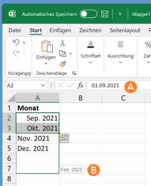 Das Eingabefeld zeigt 01.09.2021, in der Tabelle dargestellt als Sep. 2021