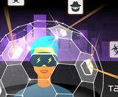 Illustration zeigt Person mit Virtual-Reality-Brille umgeben von Gefahrensymbolen