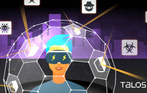 Illustration zeigt Person mit Virtual-Reality-Brille umgeben von Gefahrensymbolen 