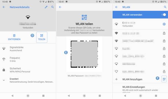 Drei Screenshots zeigen den Weg zum WLAN-QR-Code