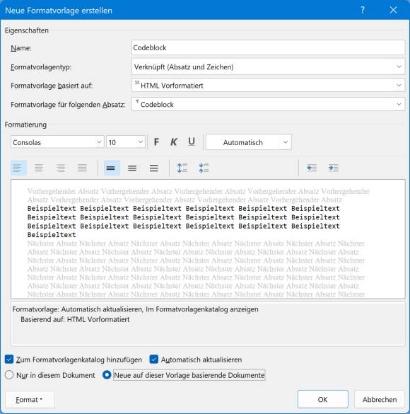 Screenshot Einstellungen für Ihre Formatvorlage