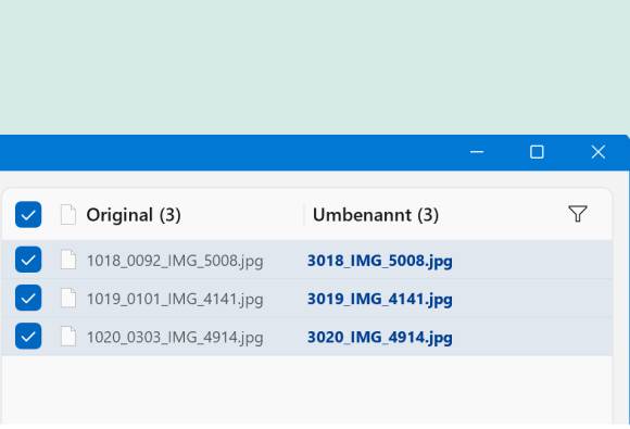 Dateinamen vor und nach dem Umbenennen 