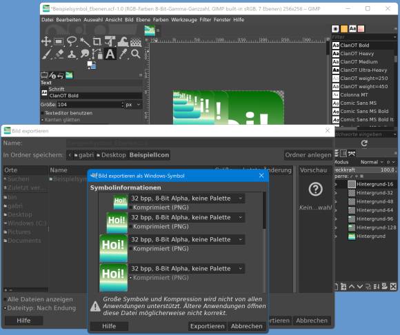 Icon-Exportier-Dialog in GIMP