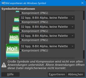 Icon-Export-Dialog in GIMP 