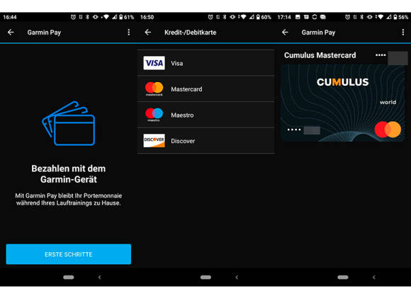 Screenshots aus der Garmin-Pay-App 
