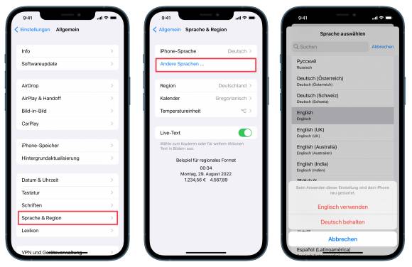Drei Screenshots zeigen: Sprache hinzufügen auf dem iPhone