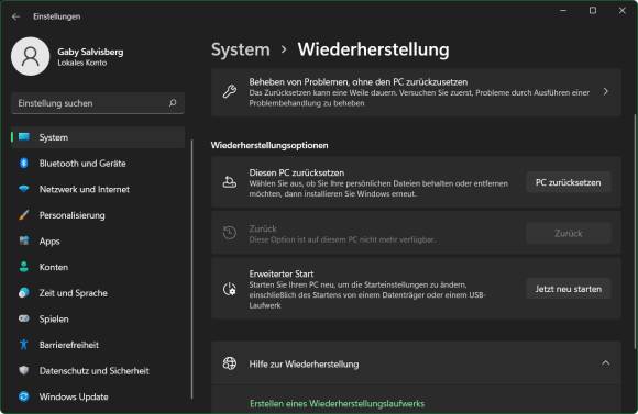 Windows-Einstellungen mit Neu-starten-Schaltfläche