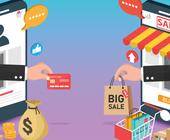 Bunte Illustration zeigt Smartphones mit Shopping-Apps