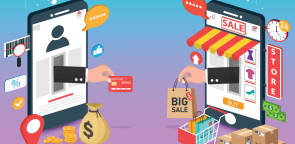 Bunte Illustration zeigt Smartphones mit Shopping-Apps 