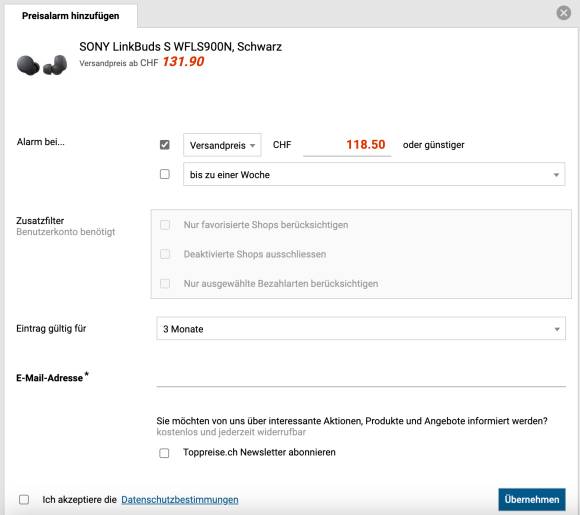 Screenshot: Erstellen eines eigenen Preisalarms