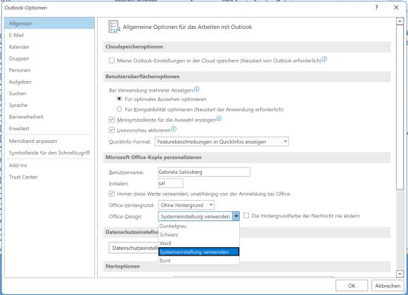 Screenshot Office-Modus-Einstellung