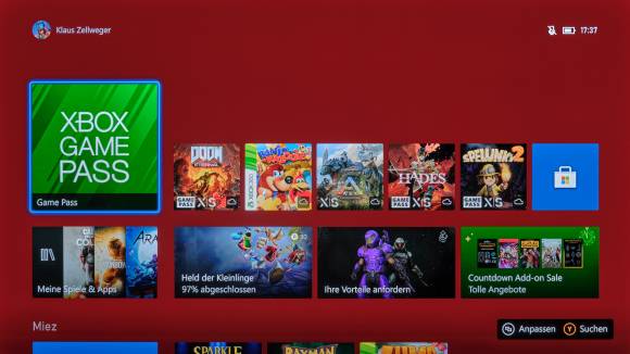 Das Bild zeigt die Oberfläche der Xbox, das Symbol «Game Pass» ist markiert
