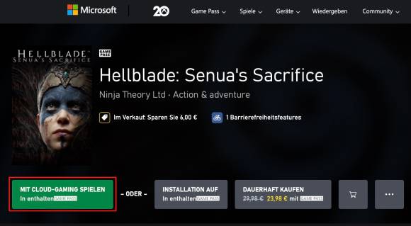 Der Screenshot zeigt den Start eines Spiels aus dem Game Pass in Safari