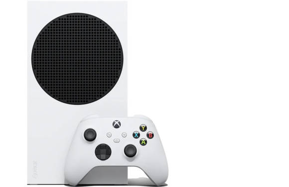 Das Foto zeigt eine weisse Xbox Series S mit einem weissen Controller