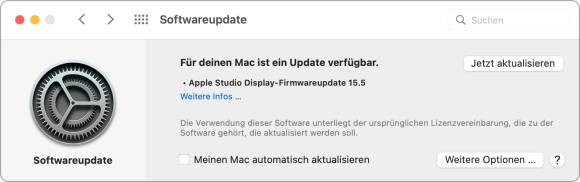 Die Systemeinstellung zeigt ein verfügbares Firmware-Update für das Studio Display