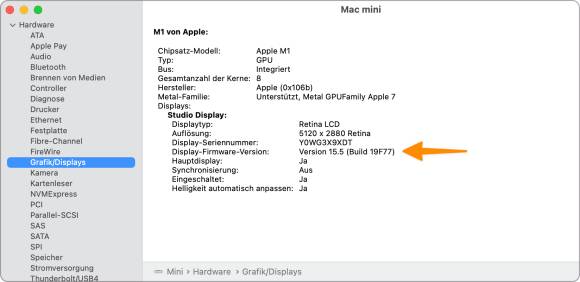 Im Systembericht wird die aktuelle Firmware-Version des Studio Display anzeigt