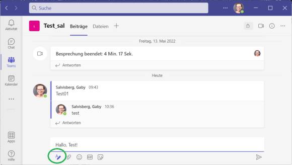 Im Teams-Screenshot ist das Symbol für den erweiterten Texteditor grün markiert