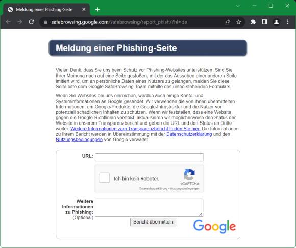 Screenshot des Phishing-Meldeformulars