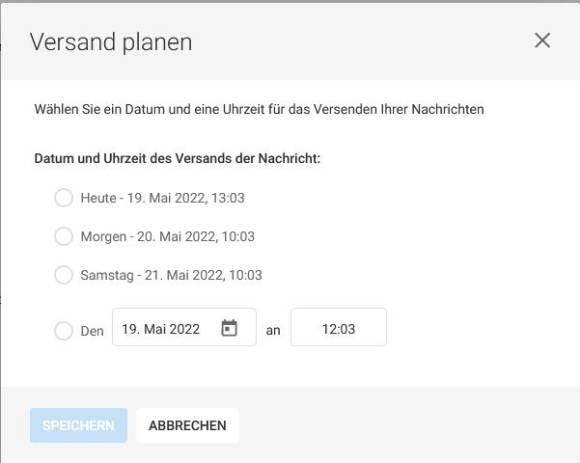 Dialog zum zeitlichen Planen des SMS-Versands