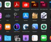 Der Screenshot zeigt viele verschiedene Symbole von Mac-Programmen auf schwarzem Hintergrund