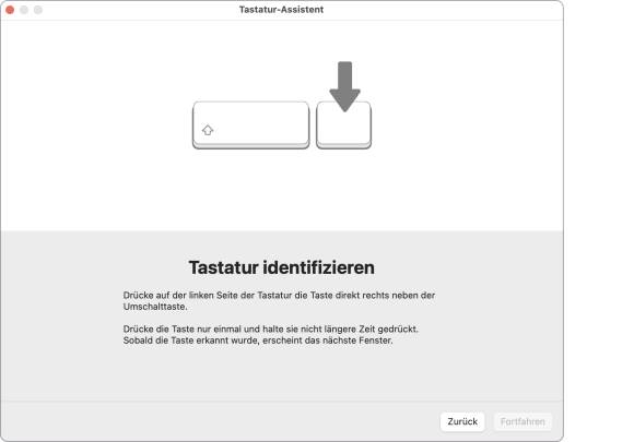 Mit dieser Taste sind Sie eventuell schlecht beraten Der Screenshot zeigt den Assistenten von macOS, der versucht, den Typ der Tastatur zu ermitteln