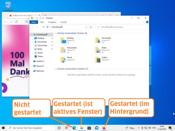 Darstellung von angehefteten und gestarteten Programmen in der Taskleiste 