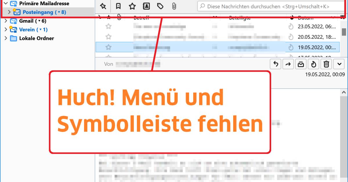 Thunderbird Menü und Symbolleisten verschwunden! pctipp.ch