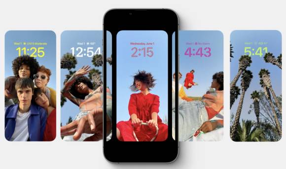 Das Foto zeigt mehrere iPhones nebeneinander, deren Sperrbildschirm unterschiedlich angepasst ist