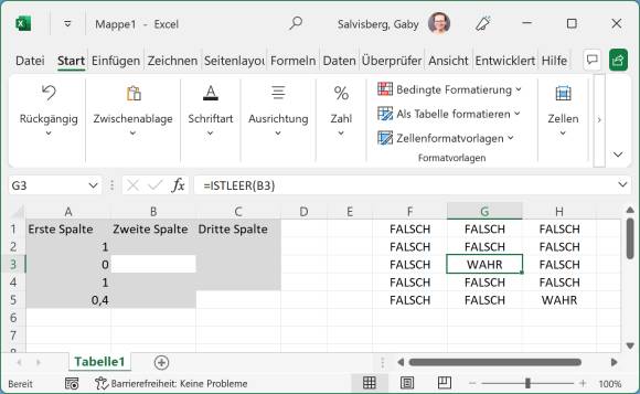 Jetzt werden nur noch zwei Zellen im Tabellenbereich weiss (für leer) gelassen