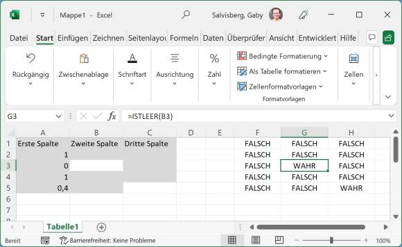 Jetzt werden nur noch zwei Zellen im Tabellenbereich weiss (für leer) gelassen