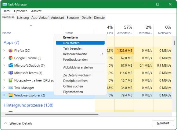 Screenshot des Task-Managers mit dem Kontextmenü nach dem Rechtsklick auf den Windows-Explorer-Prozess