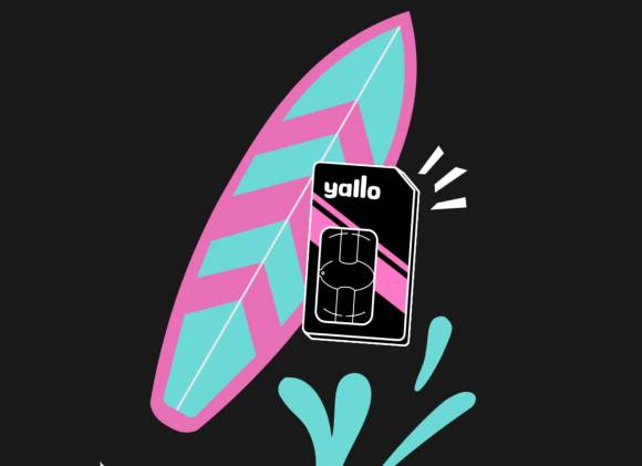 YalloBlack-Banner zeigt ein Comic-Surfbrett und eine SIM-Karte 