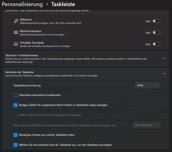 Screenshot Taskleisteneinstellungen