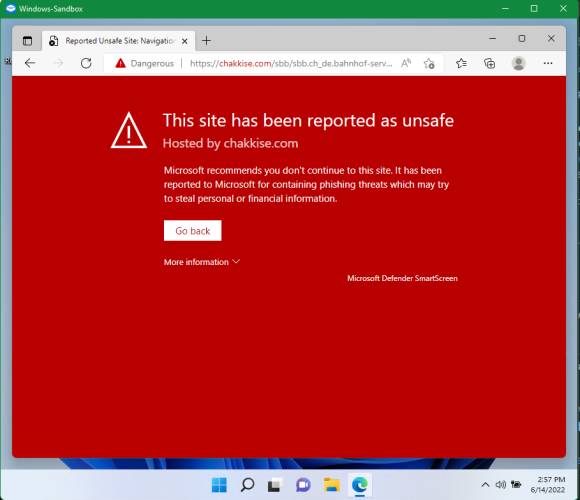 Screenshot Edge-Webbrowser mit Phishing-Warnung