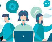Piktogramm zeigt Personen mit Headsets an ihren Laptops