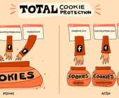 Comic-Zeichnung mit Keksdosen versinnbildlicht Funktionsweise des Cookie-Schutzes
