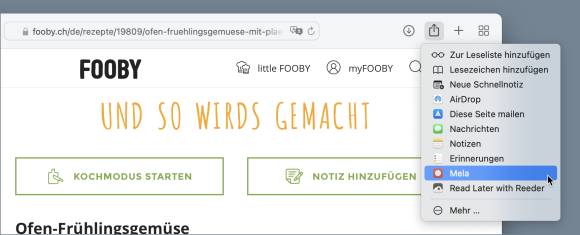 Der Screenshot zeigt, wie das Rezept über das Teilen-Menu an Mela weitergegeben wird